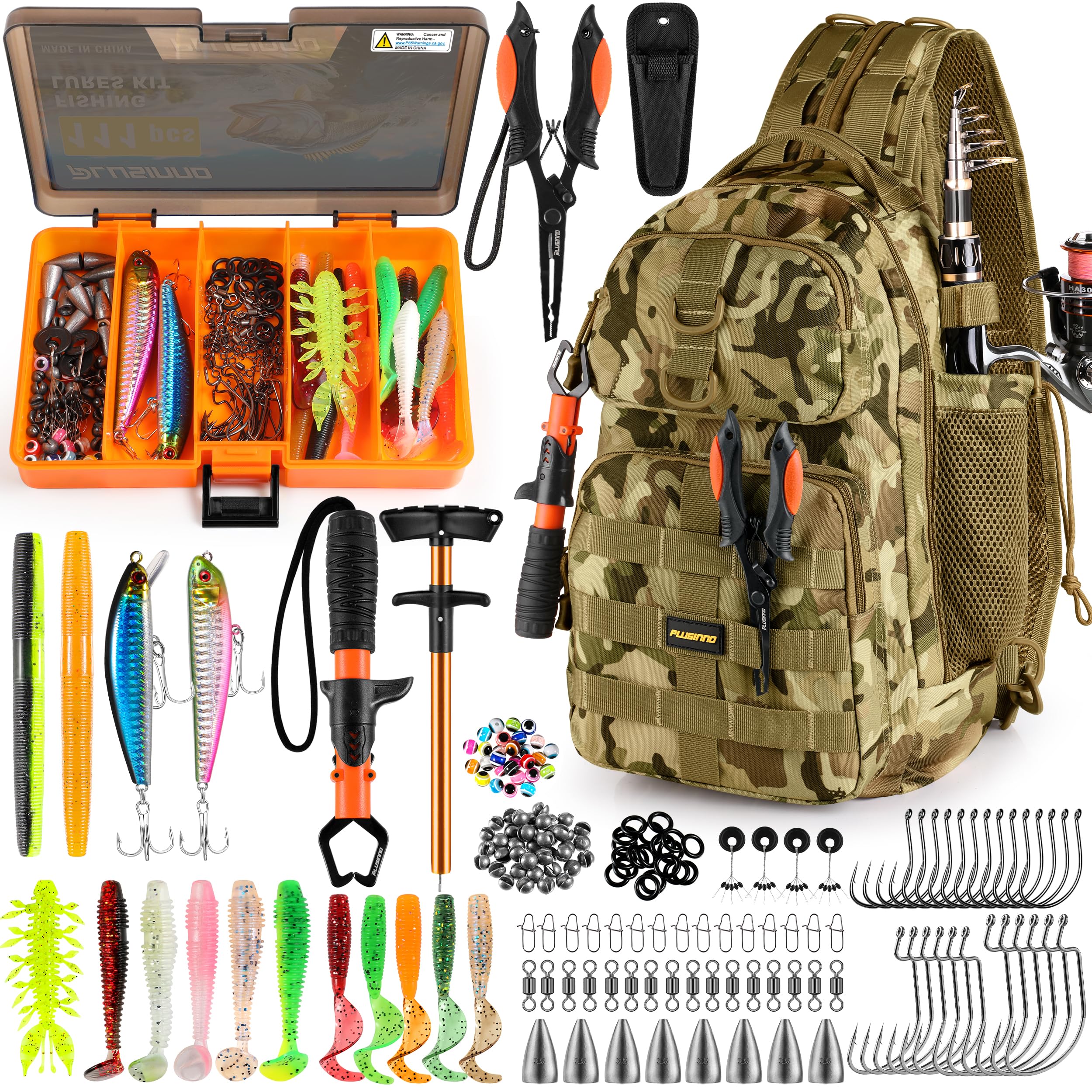 PLUSINNO Fishing Backpack with Tackle Boxes, Waterproof Fishing Sling Tackle Bag For Fishing Gear With Rod Holder, Fishing Gifts for Men With Fishing lures, Fishing pliers.