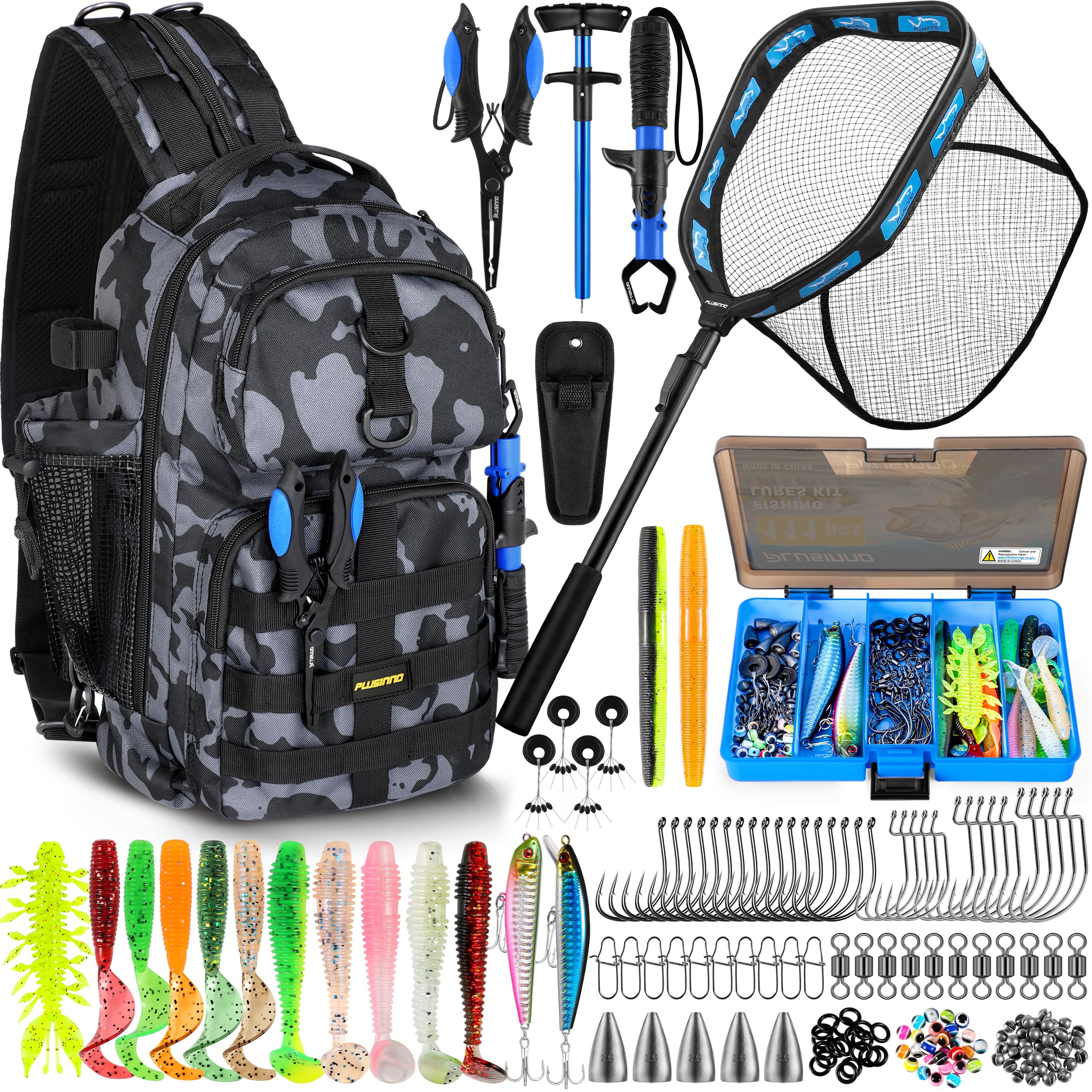 PLUSINNO Fishing Backpack with Tackle Boxes, Waterproof Fishing Sling Tackle Bag For Fishing Gear With Rod Holder, Fishing Gifts for Men With Fishing lures, Fishing pliers.